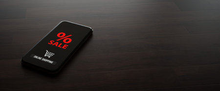 Smartphone with the text Sale Online Shopping on the wooden table. 3d illustration.