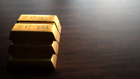 Fine gold bars 1kg on the wooden table. 3d illustration.の写真素材