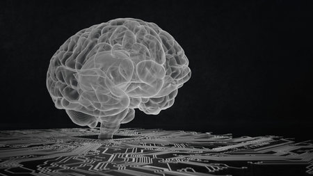Brain hologram with a circuit diagram on the dark background. 3d illustration.
