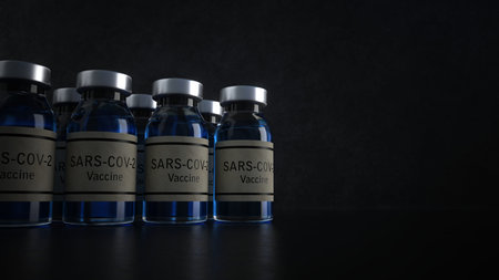 Vaccine bottles lined up on the table. 3d illustration.