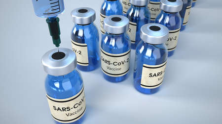 A syringe and bottles with a vaccine against the coronavirus. 3d illustration.の写真素材