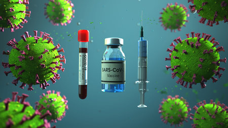 Vaccine, syringe, blood test and the coronavirus on the blue background. 3d illustration.