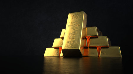 1k fine gold bars on the black background. 3d illustration.