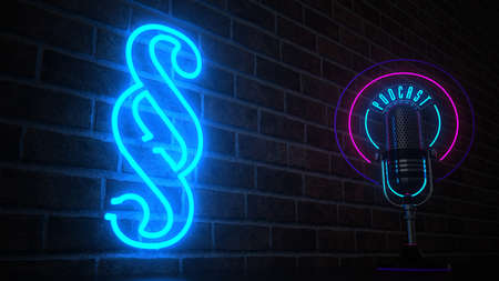 A microphone with the text Podcast and a paragraph neon sign on the wall. 3d illustration.の写真素材