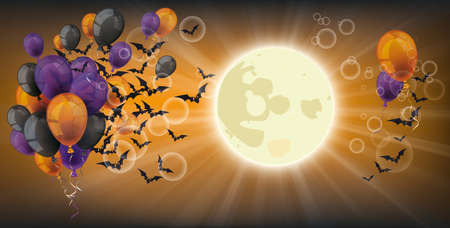 Halloween banner  balloons, moon and bats in the sky.   vector file.のイラスト素材
