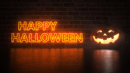 Halloween pumpkin with the text Happy Halloween. 3d illustration.の写真素材