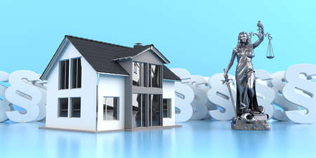 Lady justice statue with a house building on the blue background. 3d illustration.の写真素材