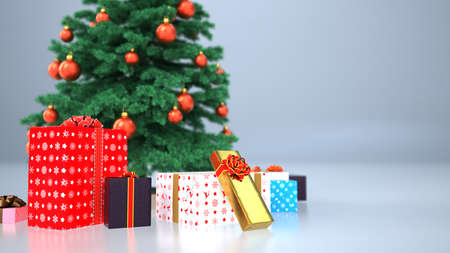 Green christmas tree with red baubles and colored gift cartons on the bright background. 3d illustration.の写真素材