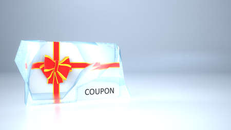Frozen coupon on ice with red bow. 3d illustration.の写真素材