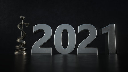 Aesculapian staff statue with the year 2021. 3d illustration.