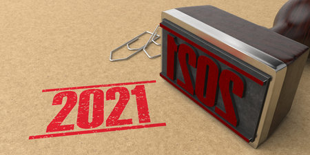 Stamp with the numbers 2021 on the brown cardboard. 3d illustration.