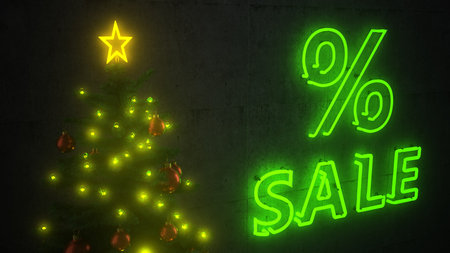 A christmas tree with green neon sign for the Christmas Sale. 3d illustration.