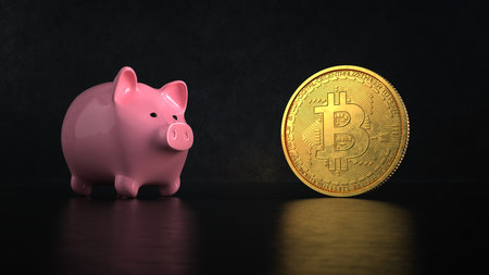 A pink piggy bank with a golden Bitcoin coin. 3d illustration.の写真素材