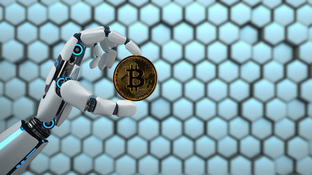 A humanoid robot hand with a golden bitcoin. 3d illustration.