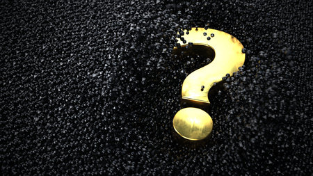 A golden question mark falls into the black sand. 3d illustration.