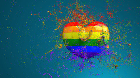 A rainbow colored heart on a turquoise background. 3d illustration.