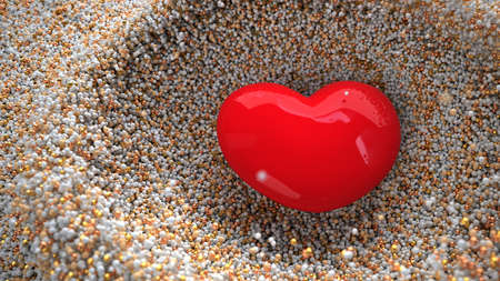 A red heart in the noble sand. 3d illustration.の写真素材