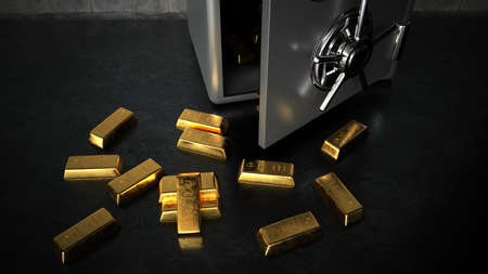 Fine gold bars in front of an open safe. 3d illustration.の写真素材