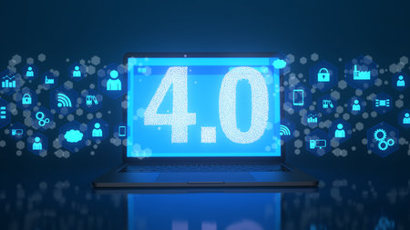 Industry 4.0 with a notebook and virtual icons. 3d illustration.