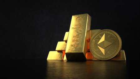 The fine gold bars with the Ethereum coin on the dark background. 3d illustration.