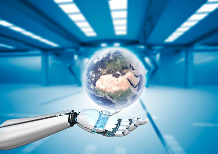 Robot hand with a black compass. 3d illustration.の写真素材