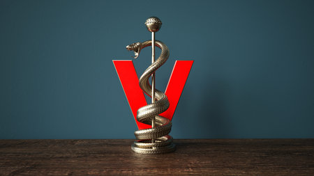 Red V, for Veterinarian with the aesculapian staff. 3d illustration.