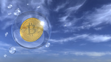 Golden Bitcoin in the bubble in the sky. 3d illustration.の写真素材