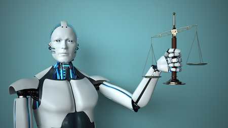 Humanoid robot holds the scales of justice. 3d illustration.の写真素材
