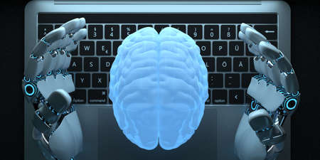 Humanoid robot hand with a notebook and human brain. 3d illustration.の写真素材