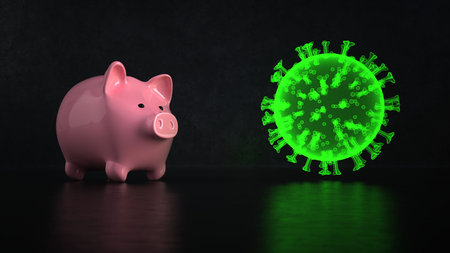 Pink piggy bank with the corona virus on the dark table. 3d illustration.