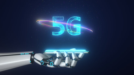 Humanoid robot hand with a smartphone and a text 5G. 3d illustration.