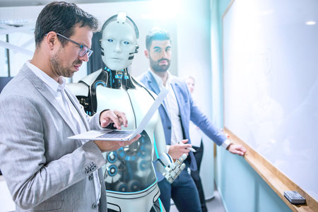 Businessmen and humanoid robot work on a project.