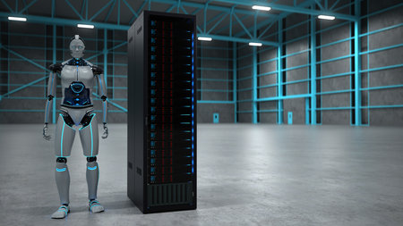 Humanoid robot with a server rack in a hall. 3d illustration.の写真素材