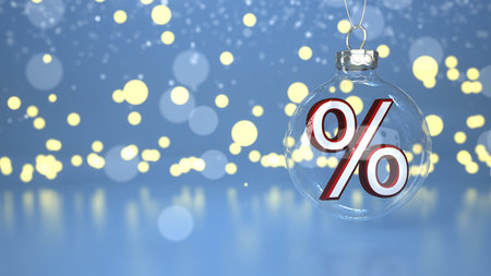 A Christmas tree globe with a red percent, in the background bokeh lights.  3d illustration.の写真素材