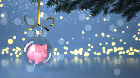 Christmas bauble with a pink piggy bank under the Christmas tree. 3d illustration.の写真素材