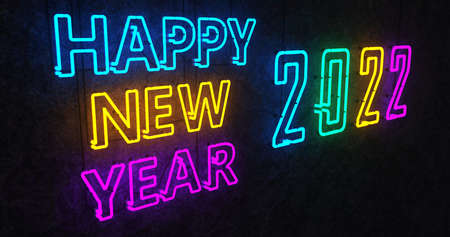 The neon sing on the wall with the text Happy New Year 2022. 3d illustration.の写真素材