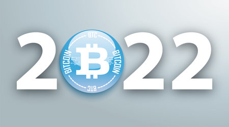 Date 2022 with the blue bitcoin button on the gray background. Eps 10 vector file.