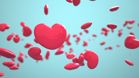 Flying hearts on a cyan background. 3d illustration.の写真素材