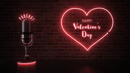 A podcast microphone with a heart neon sign with the text Happy Valentine's Day. 3d illustration.の写真素材