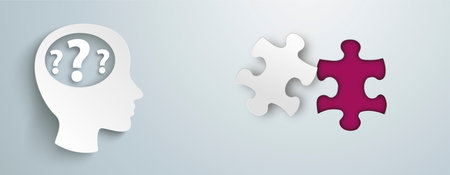 Puzzle hole with paper puzzle, human head and white question marks on the gray background. vector...