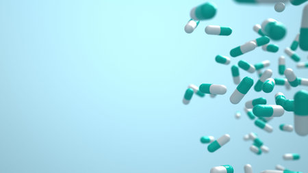 Flying cyan pills on a blue background. 3d illustration.の写真素材
