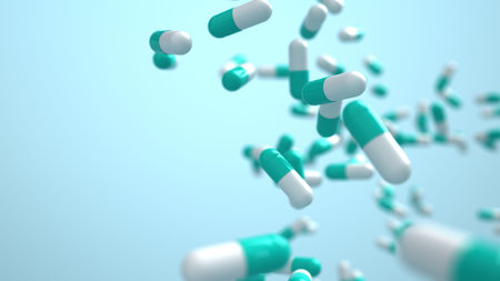 Flying cyan pills on a blue background. 3d illustration.