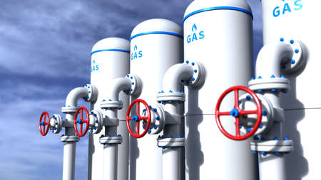 White liquid gas tank in front of a blue sky. 3d illustration.の写真素材