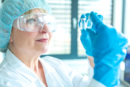 A female scientist compares the ampules in the modern laboratory.