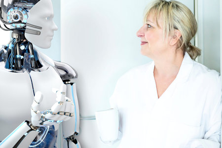 The lab assistant converses with a humanoid robot during a coffee break.