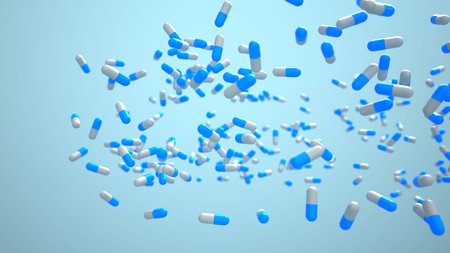 Flying blue pills on a blue background. 3d illustration.