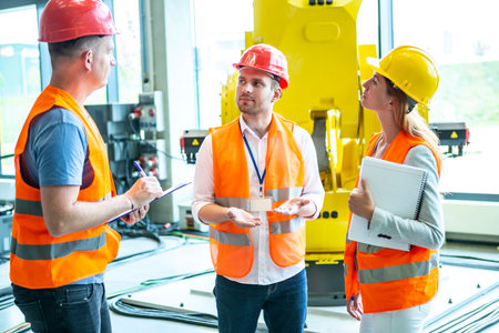 The engineers consult about an industrial robot.
