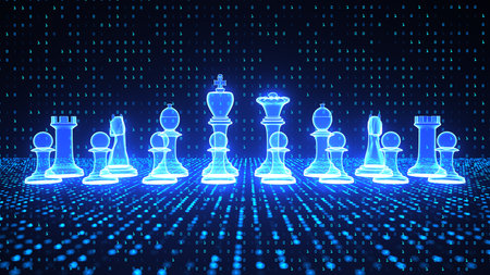 Virtual chess pieces in the data matrix. 3d illustration.