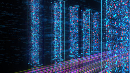 Blue data cubes on the dark background. 3d illustration.の写真素材
