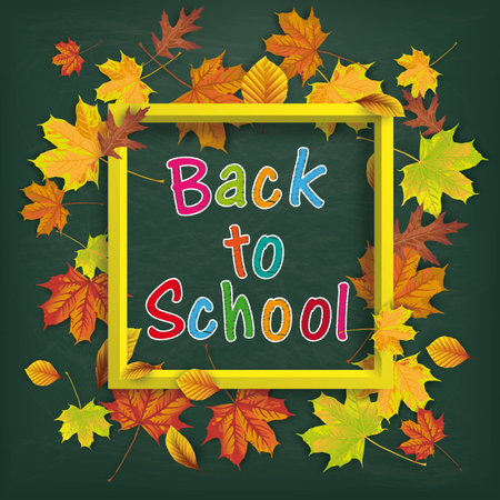 Autumn foliage with yellow frame on the green schoolbard. Eps 10 vector file.のイラスト素材